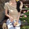 Summer Fresh and Sweet One-word Shoulder Slim-fitting Short-sleeved T-shirt Ins Niche Design Sense Chic Short Versatile Top Women