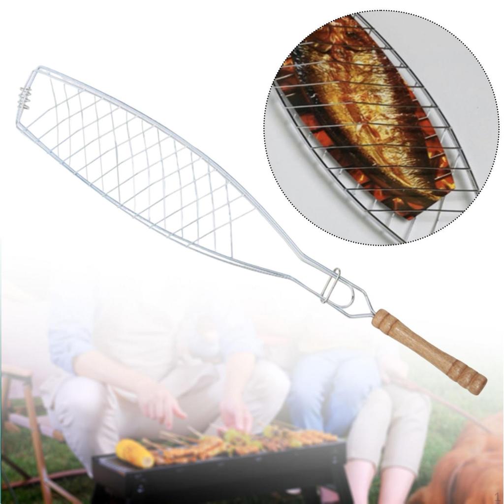 Fish Grilling Basket Practical with Wooden Handle for Camping Shrimp Outdoor Flat