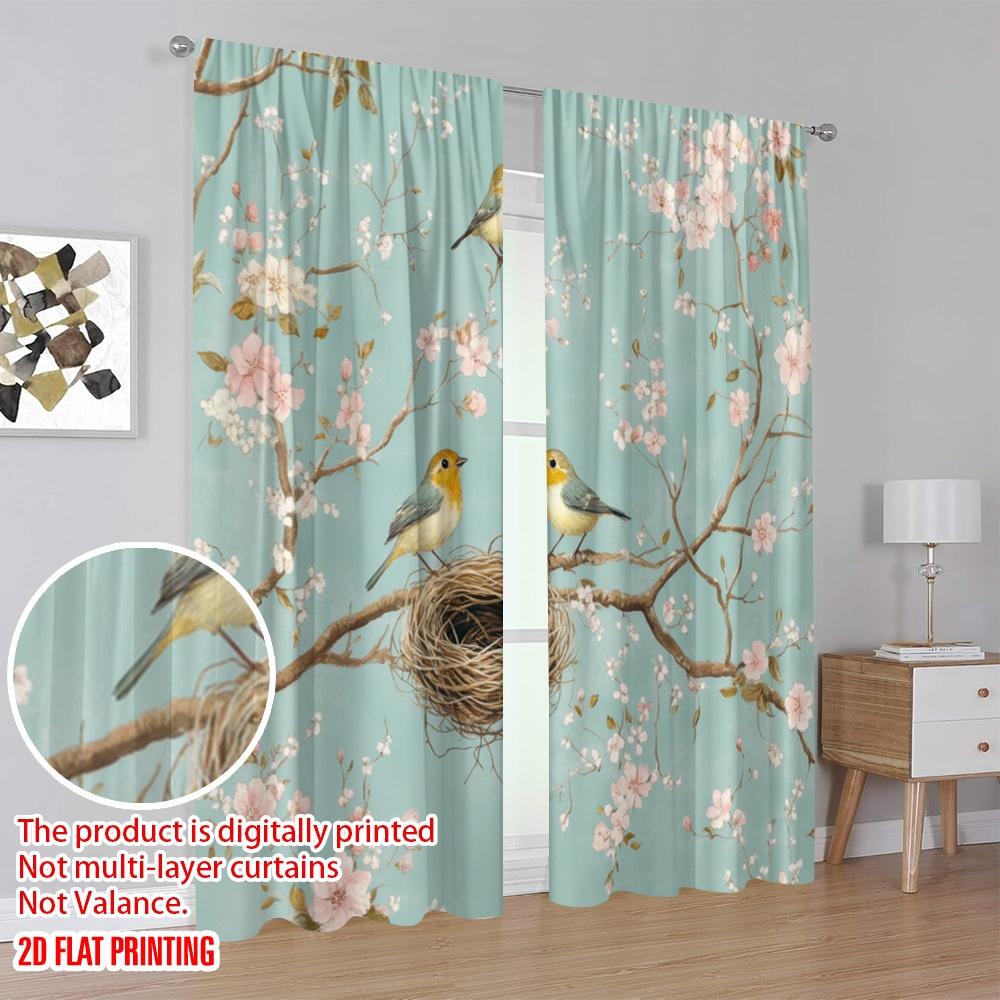 2pcs,2D Plane Printing Window Curtain Springtime Nest Durable 100% Polyester Fabric (without Rod) Outdoor Decorations for