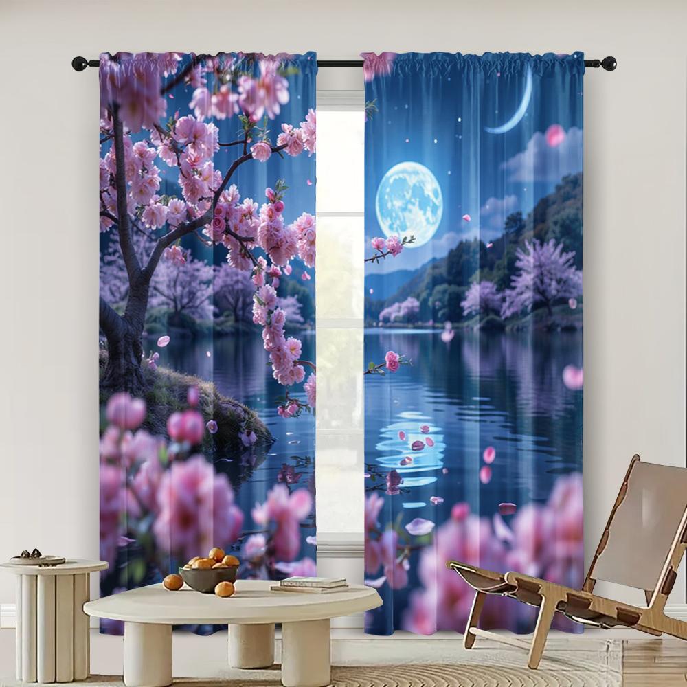 2pc, Curtains Cherry trees in the moonlight Blackout Polyester Festive Holiday for Multipurpose Various Event Decoration