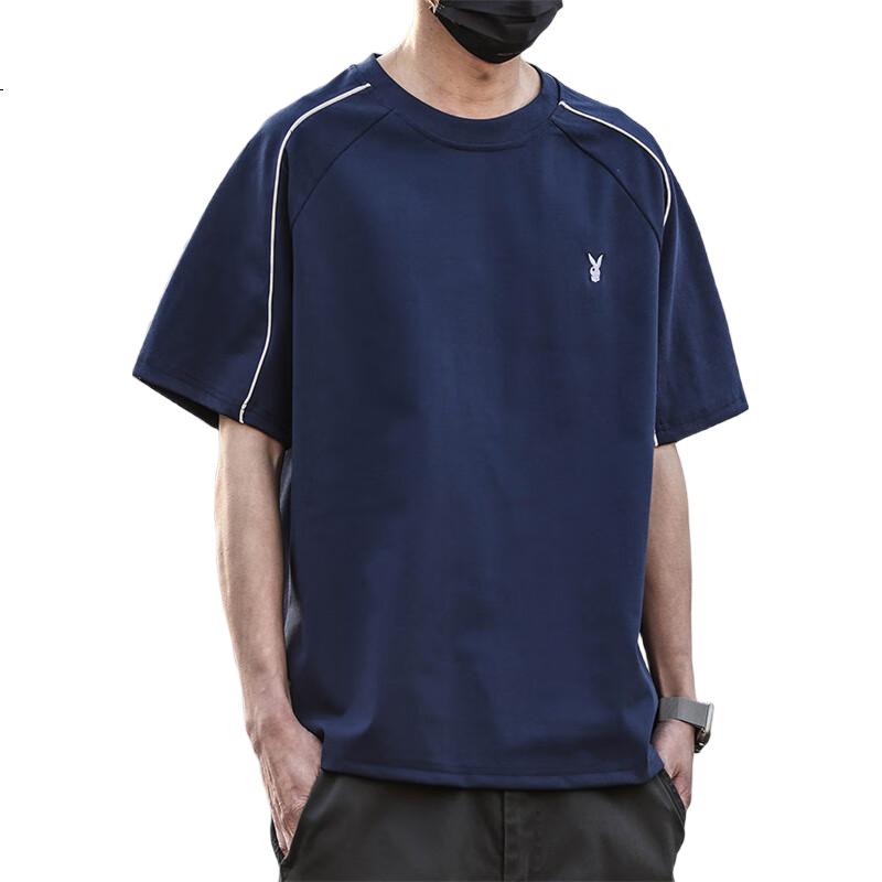 PLAYBOY Short-Sleeve T-Shirt for Men, Summer Men's Top, Trendy Loose-Fit Solid Color Pure Cotton Undershirt, Black, 3XL
