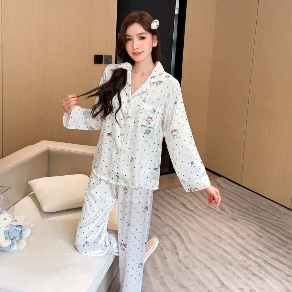 Autumn Ice Silk Pajamas Women's New Retro Printing Comfortable and Cool Long-sleeved Trousers Loungewear Suit Can Be Worn Outside