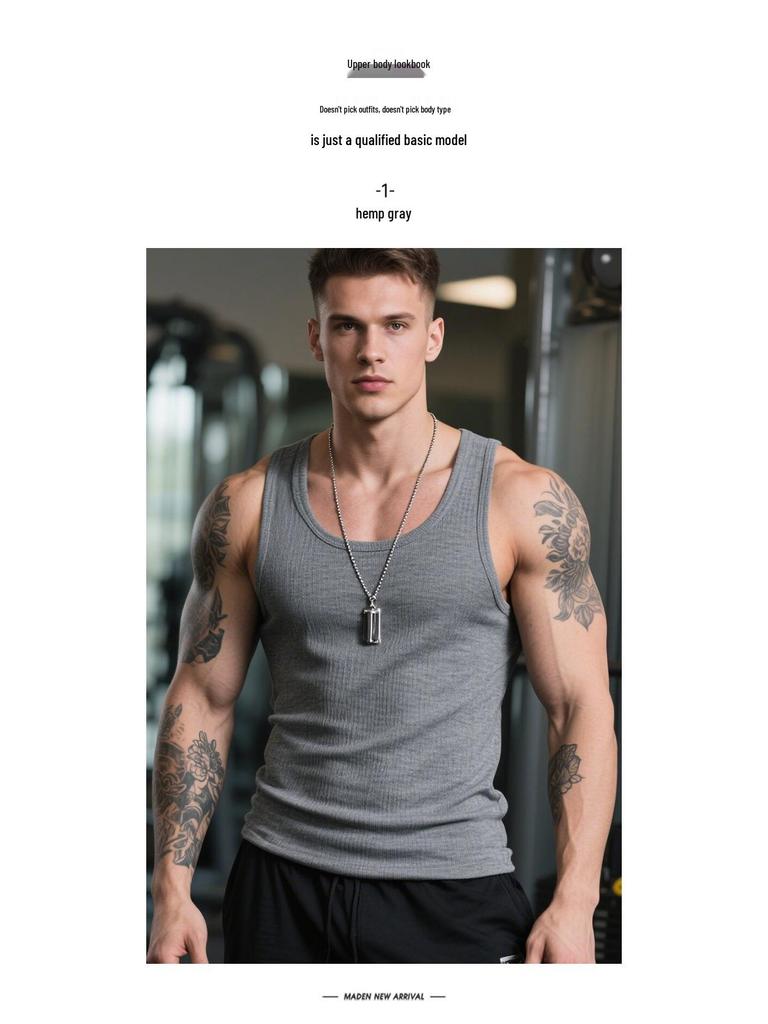 Vintage White Cotton Ribbed Tank Top for Men - Heavyweight Fitness Vest
