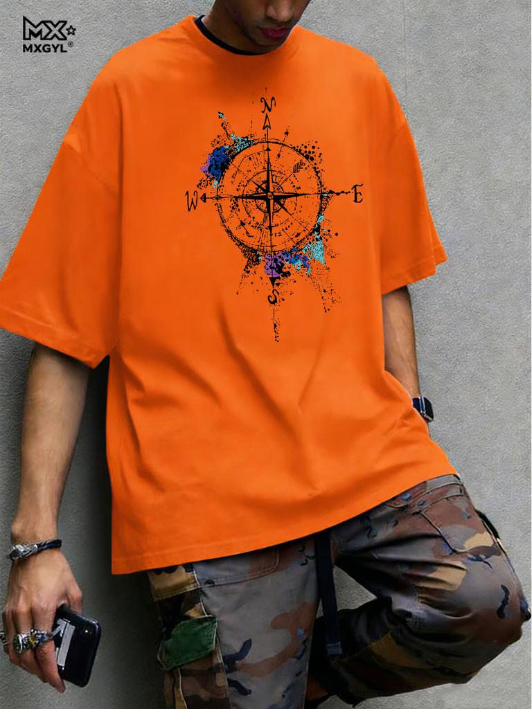 Men's Summer Cotton Fashionable Loose Casual Compass Pattern Printed Round Neck Short Sleeved T-shirt Breathable And Casual