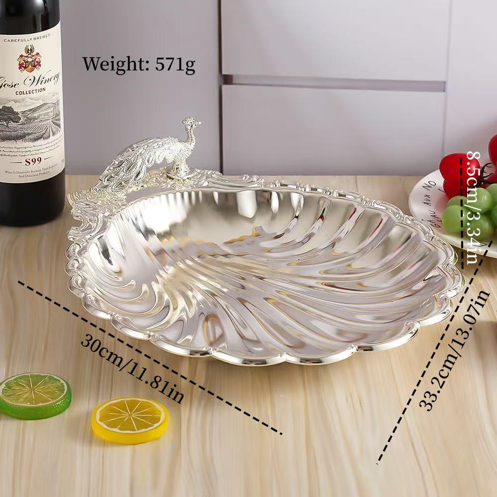 Multiple Sizes Peacock Shape Fruit Tray,Retro Alloy Engraving Shell Texture Home Cheese Food Plate,Snack Disc Table Decoration
