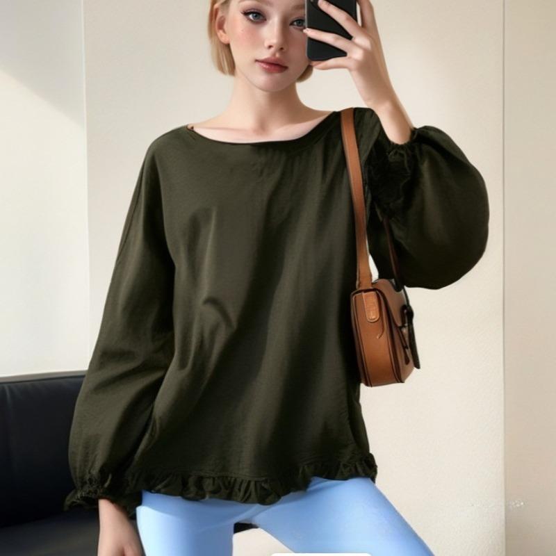 Women's Cotton and Linen T-shirt Loose Ruffled Sleeves Round Neck Long-sleeved Shirt