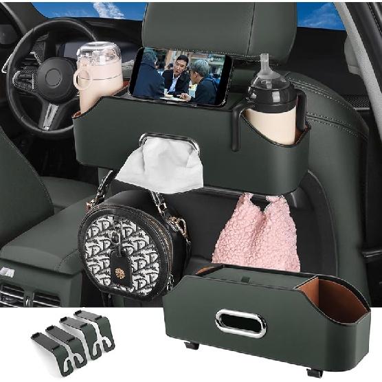 Car Back Seat Organizer with 2 Drink Cup Holder - Tissue Box and Storage Box Hook - Multi-Functional Storage - Great for Kids and Travel (Beige)