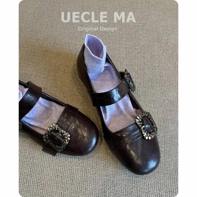 Leather single shoes women's flat commuter ballet shoes gentle evening shoes with skirt one-word buckle Mary Jane shoes