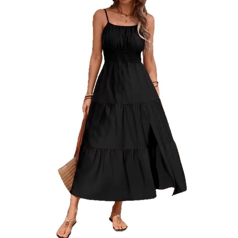 Spring and Summer New European and American Suspender Layered Waist Solid Color Slim Dress Women's Dress