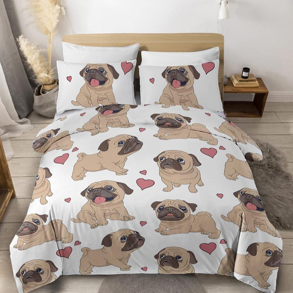 Cute Dogs Print Bedding Set Puppy Animal Duvet Cover Set 2/3 Pcs Watercolor Pastel Dog Paw Comforter Cover Pug Dog Lover Bed Set