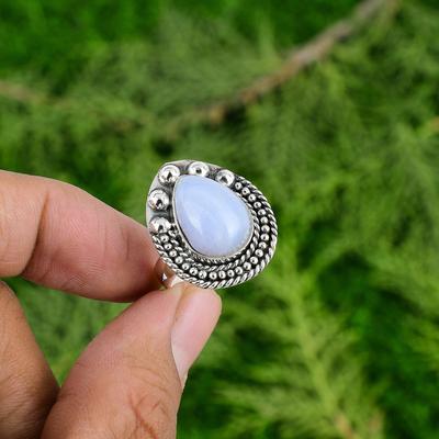 925 Silver Blue Lace Agate Stone Wedding Promise Anniversary New Ring Jewelry