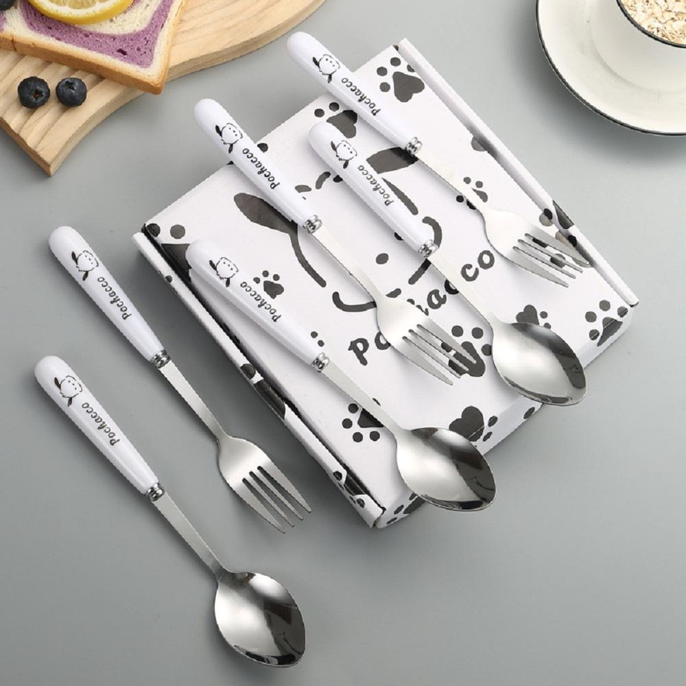 4/6 Children's Spoon And Fork Set Stainless Steel Cartoon Puppy Cutlery Portable Baby Feeding Utensil Baby Spoon, Fork, Chopstic