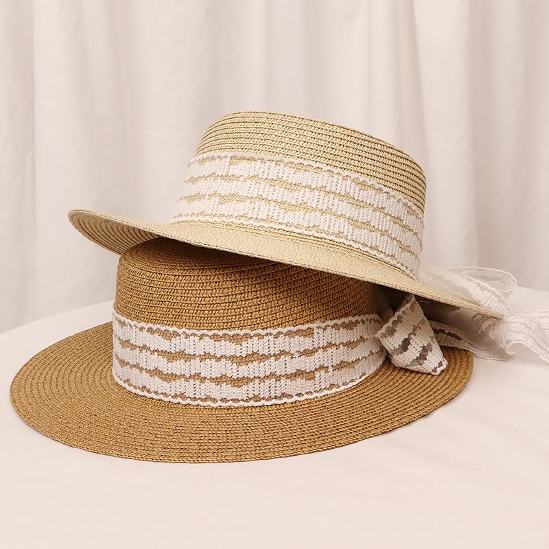 Hat women's summer sunscreen versatile top hat lace bow flat top wide brim straw hat travel photo seaside beach hat