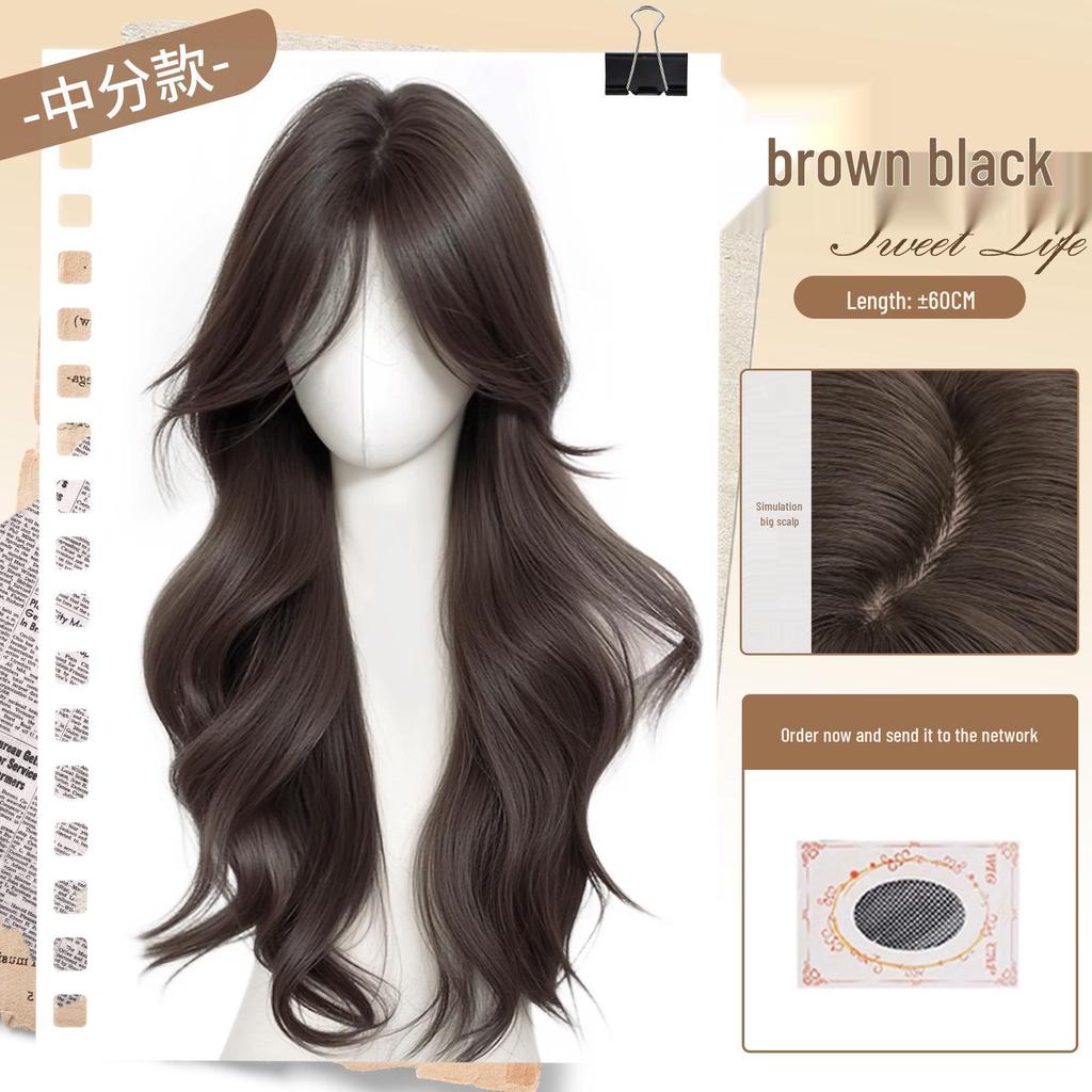 Women's Full Head Wig with Realistic Hair Fibers, Seamless Frontal, Large Scalp Coverage, Bangs, and Large Wave Long Curls