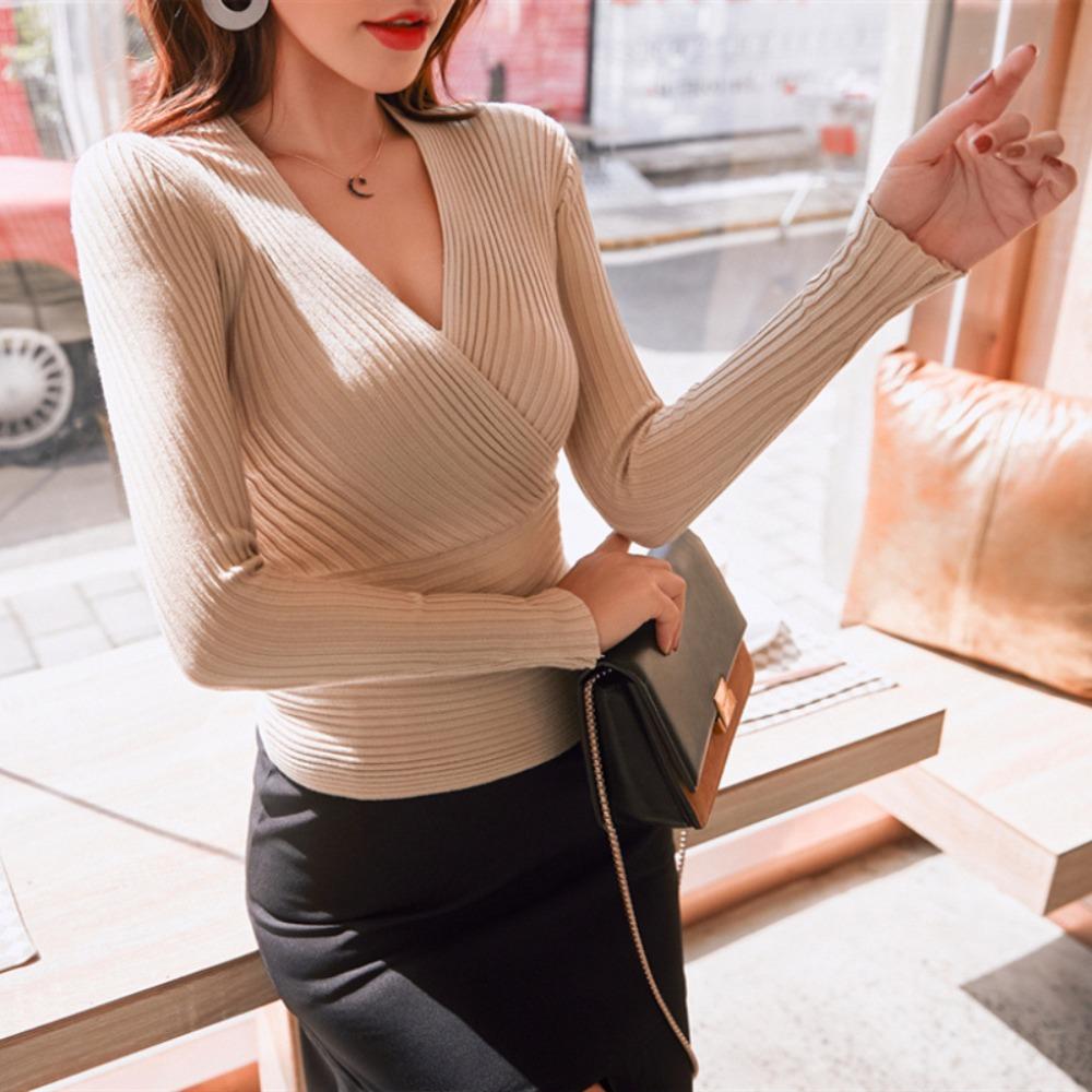 Women V Neck Wrap Long Sleeve Knit T Shirt Slim Ribbed Fitted Basic Casual Blouse Top
