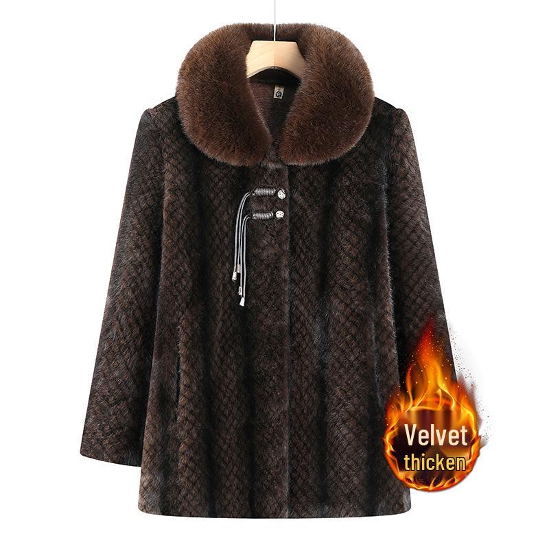 Women's Plus Size Mid-Length Faux Mink Velvet Coat with Fleece for Middle-Aged and Elderly