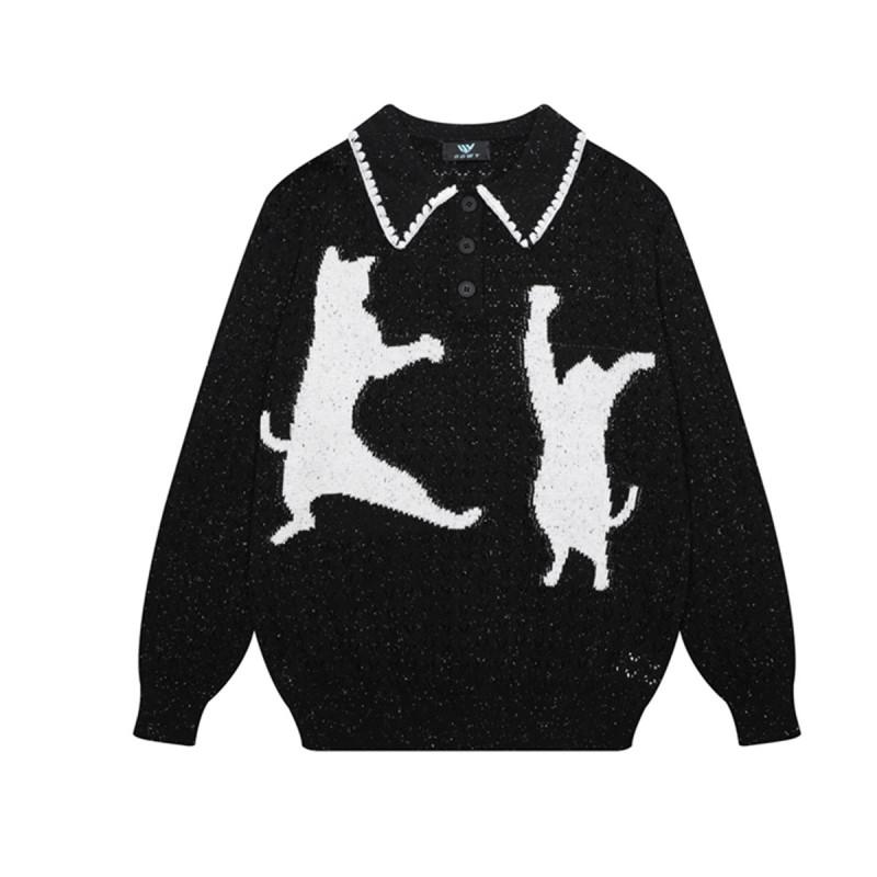Unisex Oversized Knit Sweater With Cat Jacquard V-Neck Loose Fit Cotton Pullover Winter