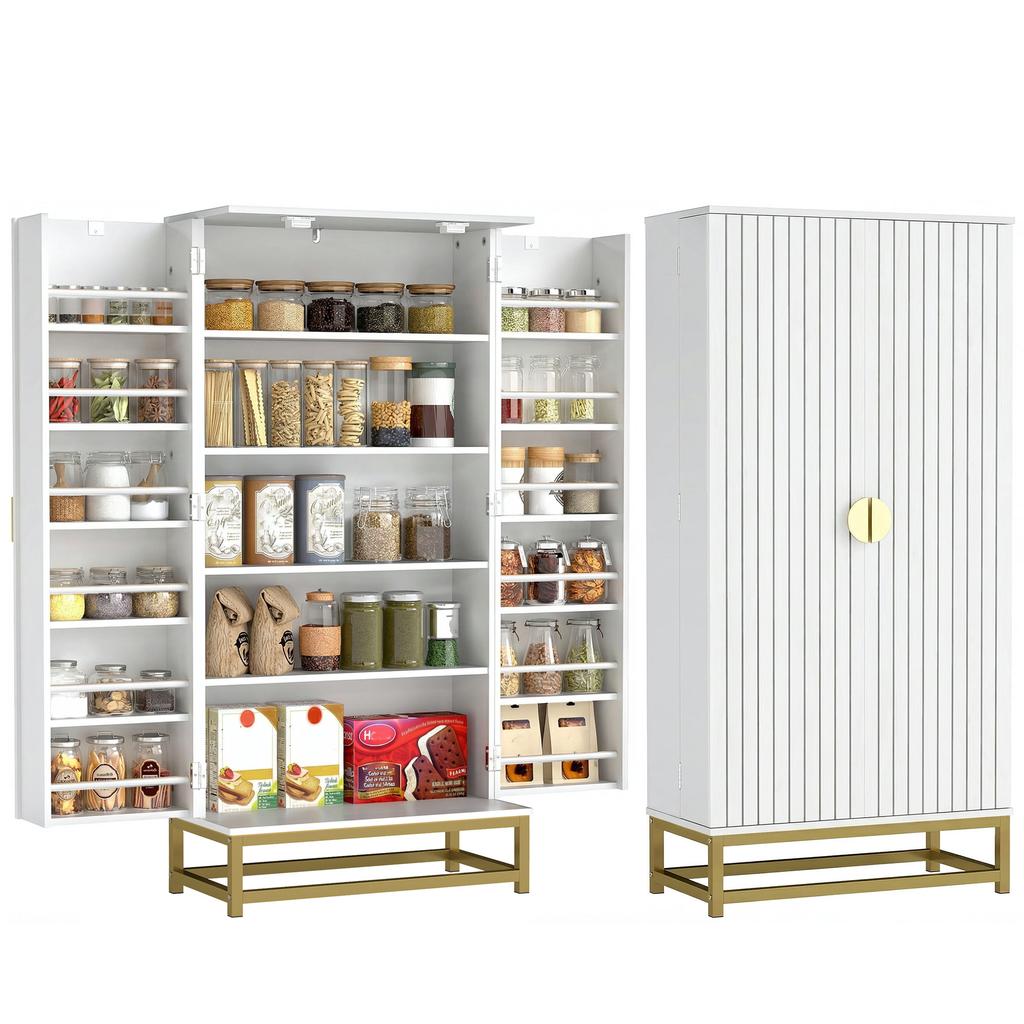 Kitchen Cabinet Kitchen Storage Unit with 12 Door Shelves, Adjustable Shelves, 58x29x119.5cm, White