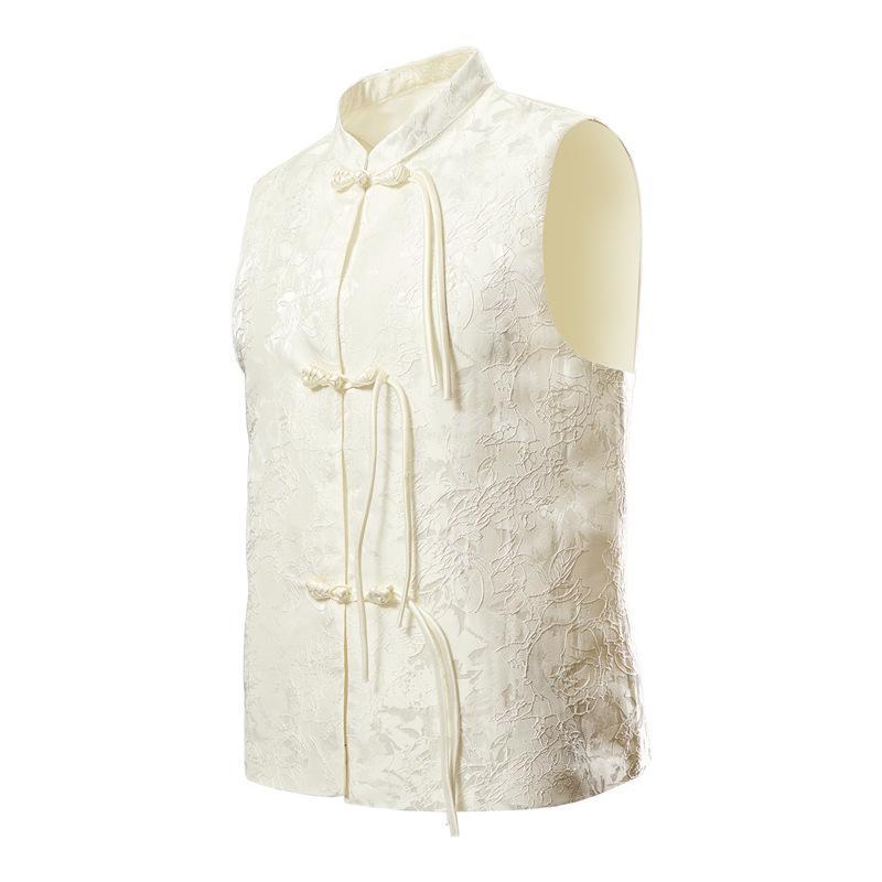 

2026 Chinese Style Multi-Color Slim Fit Frog Button Vest: Stand Collar Casual Men s Waistcoat M белый