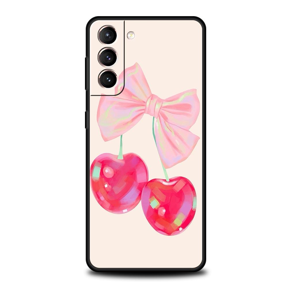 Cute Cherry Bow Phone Case For Samsung Galaxy S24 S23 S22 S20 Ultra S21 FE 5G S10 S9 Plus S10E S8 Soft Silicone Cover
