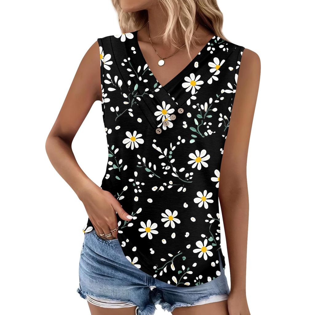 Maiou de damă cu imprimeu, cu nasturi, cu gât în V, fără mâneci, larg, top la modă