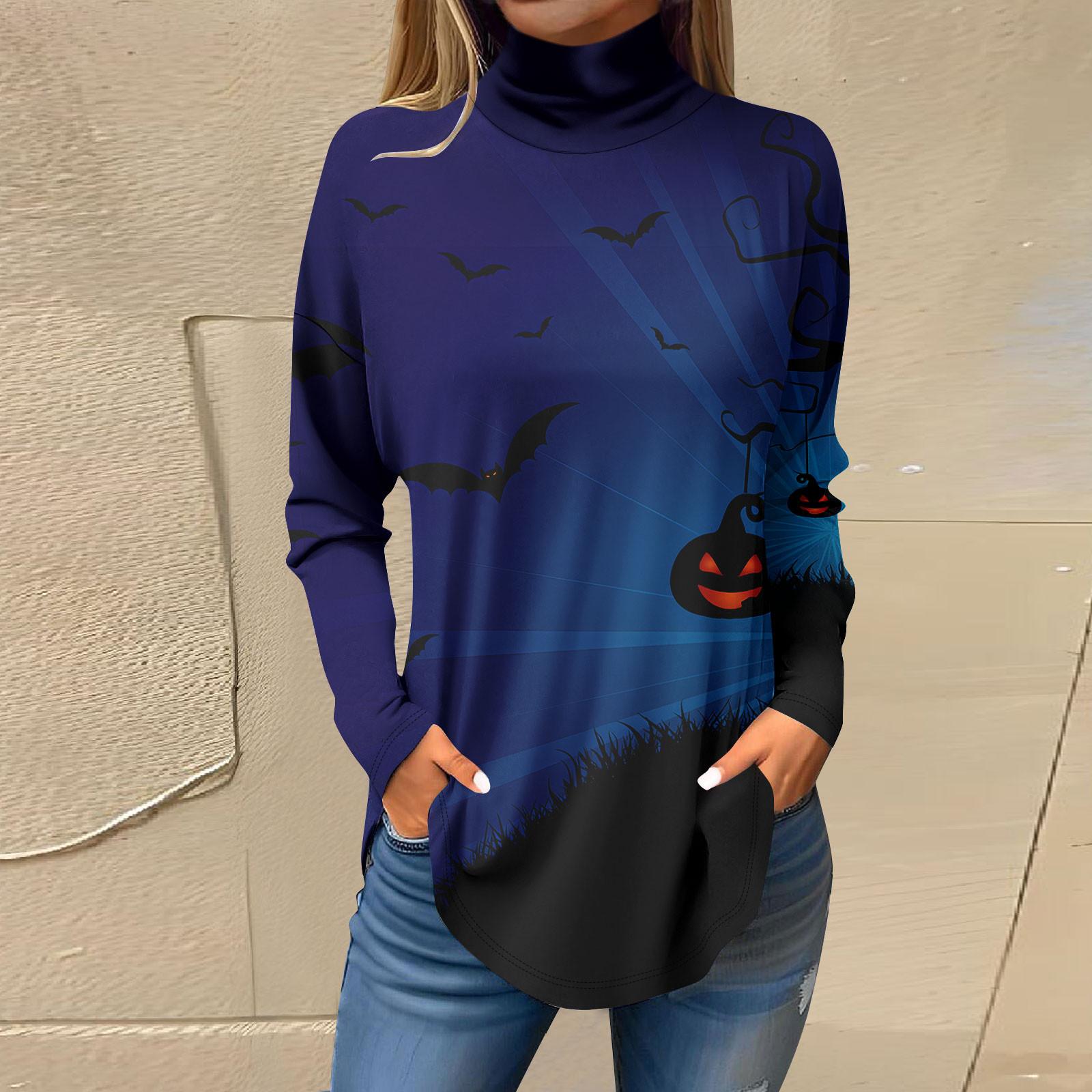 

Футболки для женщин, осенние повседневные рубашки с длинными рукавами, толстовка с принтом на Хэллоуин, топ с высоким воротом, пуловер M