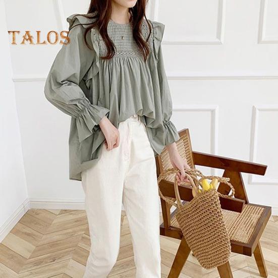 Women Shirt Round Neck Lantern Long Sleeve Pullover Tops Solid Color Loose Fit Ruffle Trim Pleated Blouse Daily Wear