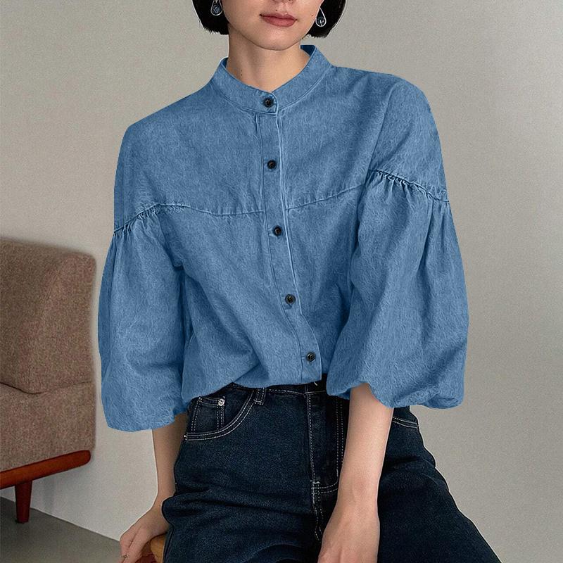 

ZANZEA Женская повседневная блузка с круглым вырезом и рукавом 3/4 на пуговицах 5XL синий