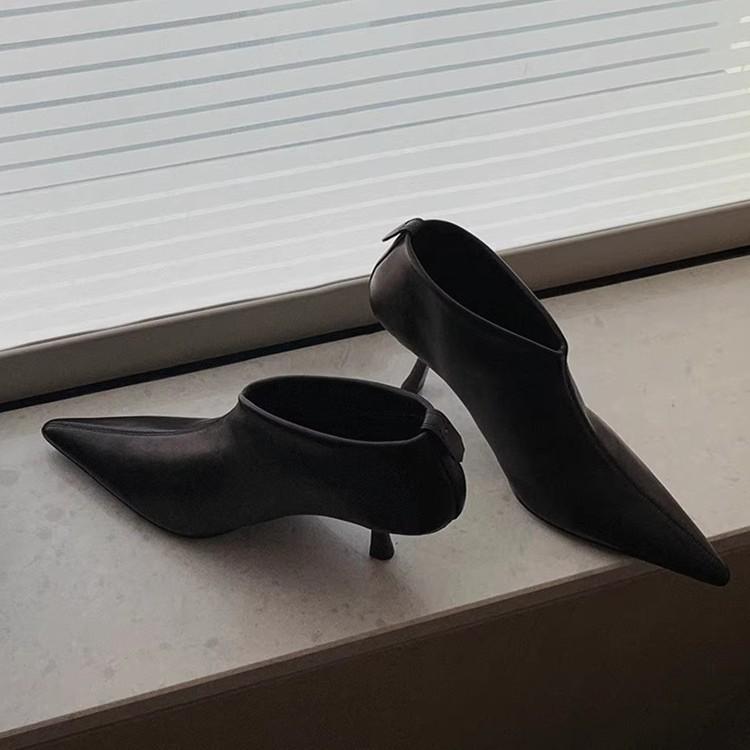 Cowhide Version~ Grape Mother Same French Pointed Kitten with Temperament High Heel Thin Boots Women's Ankle Short Boots Autumn and Winter