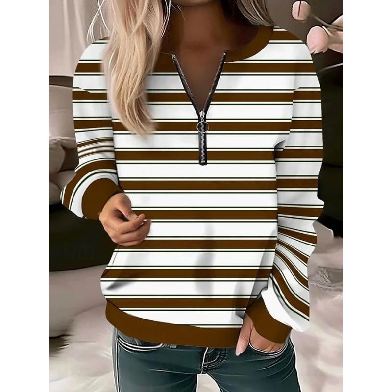 Womens V-Neck Half-Zip Long Sleeve Oversized Hoodie With Geometric Print Casual Comfort Fit 2025