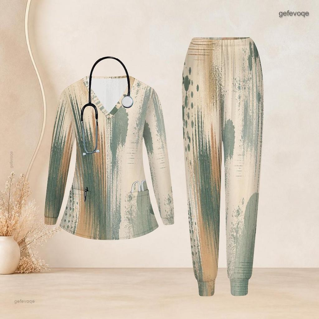 Women Plus Size Printed Nurse Scrub Set V Neck Long Sleeve Top With Pockets And Long Pants
