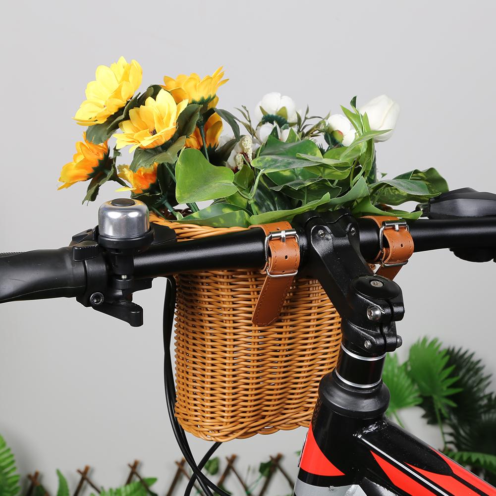 Removable Imitation Rattan Bicycle Basket with Leather Straps Bicycle Storage Pannier Bell Waterproofing Cycling Accessories