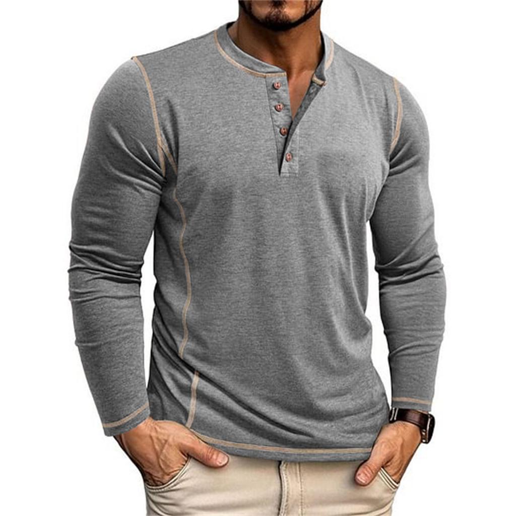 Men's American Retro Henley Collar Long Sleeve T-Shirt Contrast Color Topstitch Slim Fit Casual Bottoming Shirt
