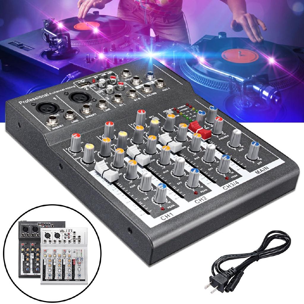4 Channel Mixer Mini Professional Live Studio Audio Mixer USB Mixing Console DJ Stage KTV black/silver 48V 23.6*19.3cm