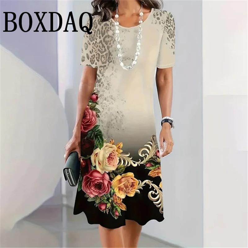 Lady New Dress 3D Printed Short Sleeve Mid-Length Dress Fashion Summer Autumn O-Neck Loose Vintage Dress Elegant Women Clothing