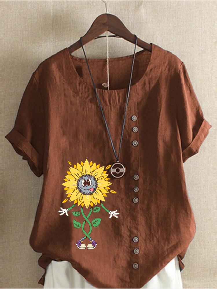 Women's Fashion Abstract Sunflower Print Casual Cotton Linen Short Sleeve Round Neck T-shirt Shirt Leisure Loose Summer Blouse Tops