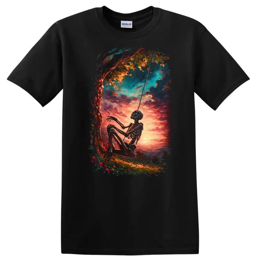 Skeleton on Swing Sunset Scene T Shirt Artistic Nature Tee Cute Gift Idea