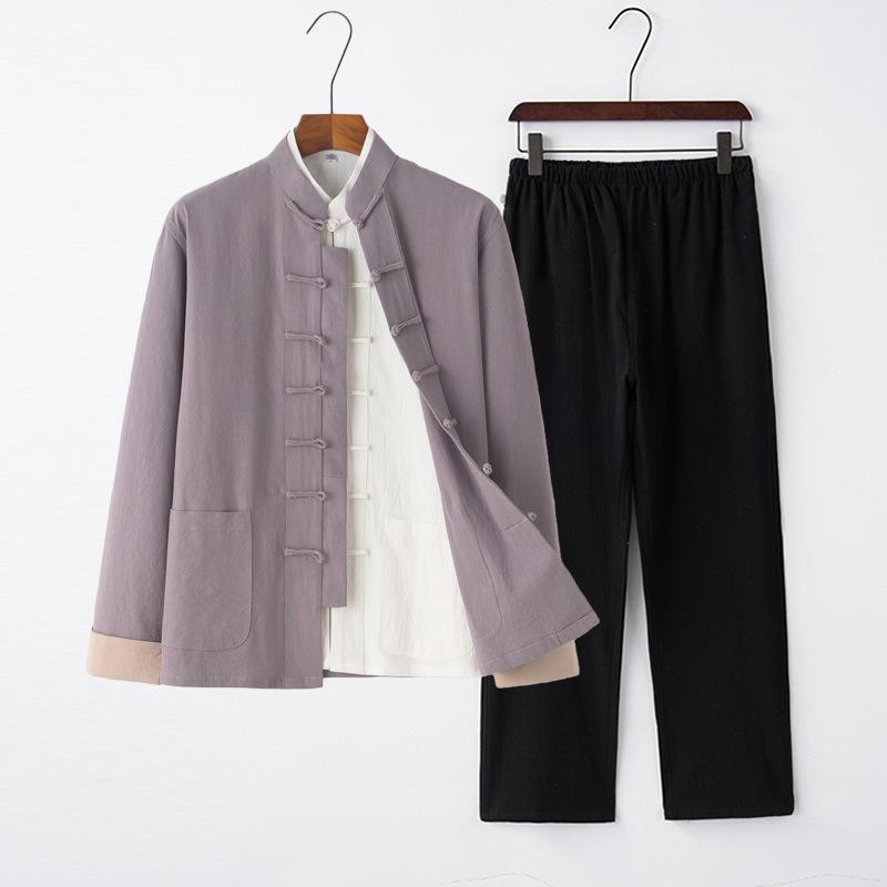 Herren Chinesischer Tang-Anzug: Frühlings-/Herbst-Baumwoll-Leinen-Set mit Froschknöpfen - Retro Mönch Teezeremonie Hanfu Robe.