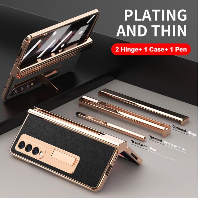 2 Stück Scharnier mit Stift für Samsung Galaxy Z Fold 3 2 5g Hülle mit Touch Pen Slot Frontglas Ständer Halter Lederhülle