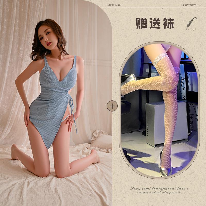 Deep V French sexy pajamas waist drawstring high slit hip wrap thin exposed suspender skirt free