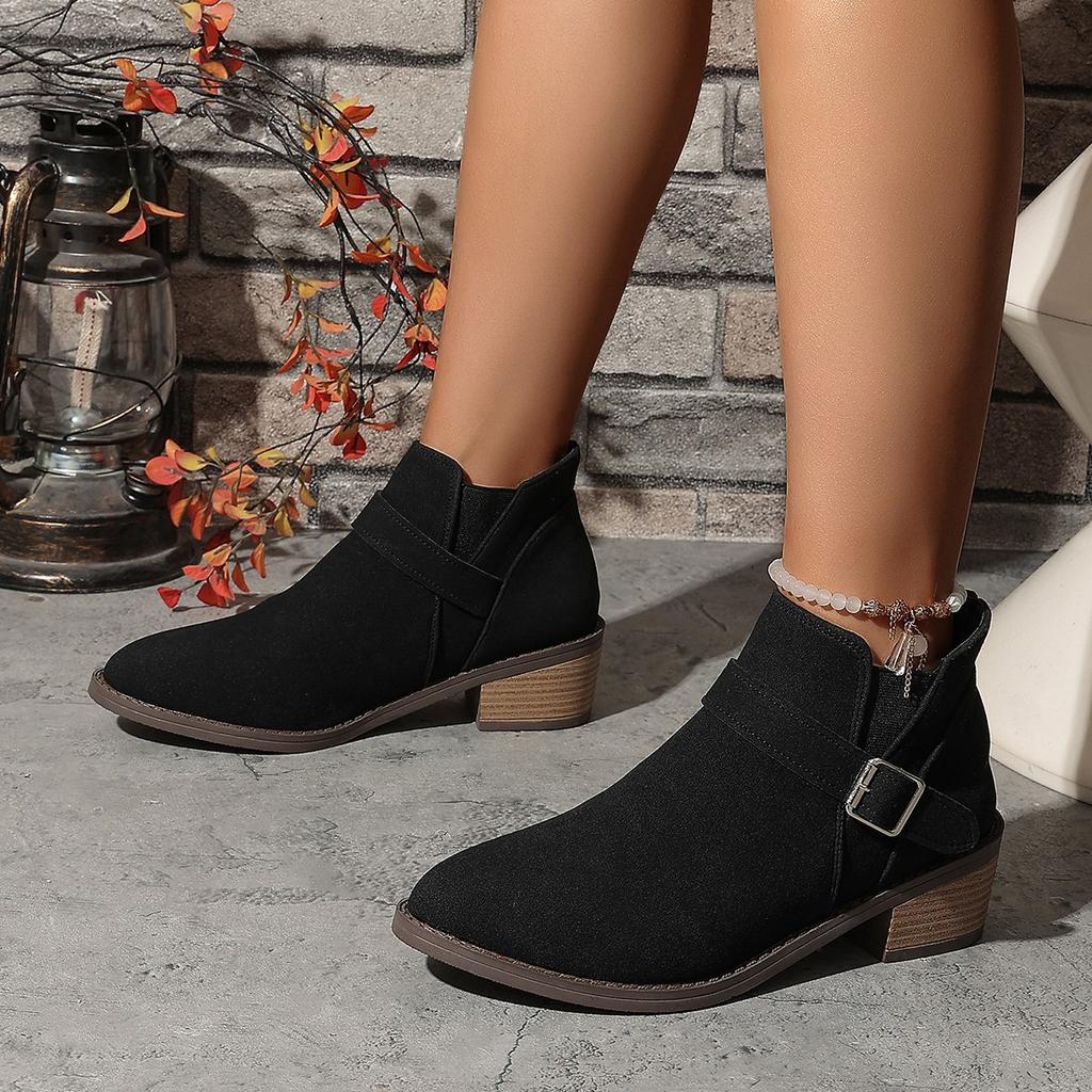 Foreign Trade Large Size Solid Color Medium Heel Short Boots Women's 2025 Autumn and Winter New British Style Elastic Belt Martin Boots Ankle