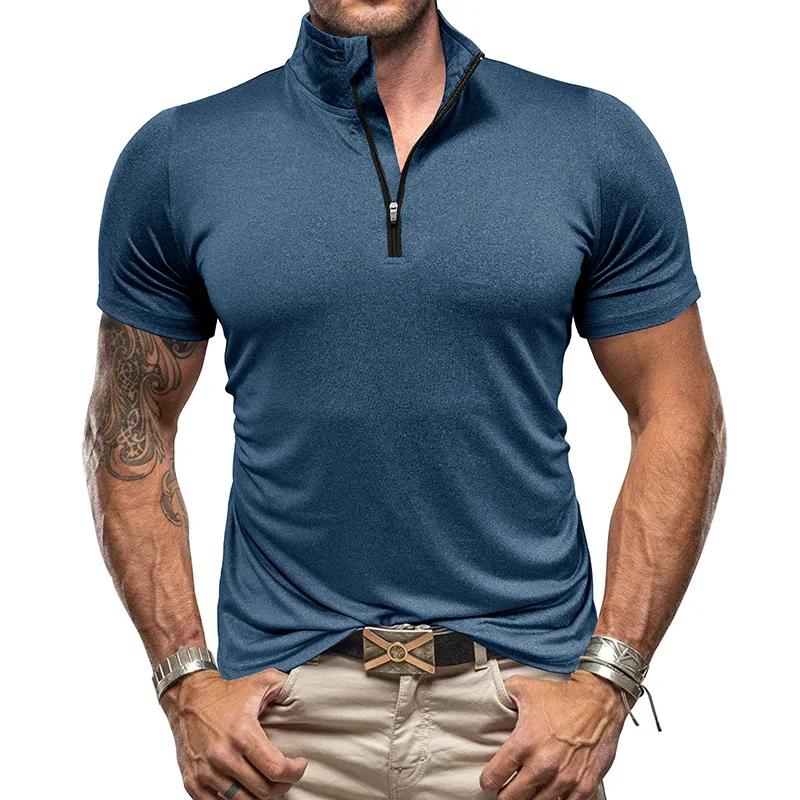 Men's New Outdoor Sports Short Sleeve Zipper Shirt American Standing Collar High Spring Quick Dry Short Sleeve T-shirt