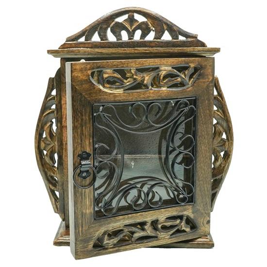 Wood Key Holder Cage Design with Flower Gate Antique Key Chain Organizer Rustic Wall Hanging 6 Key Hooks Holder Home, Office Decor