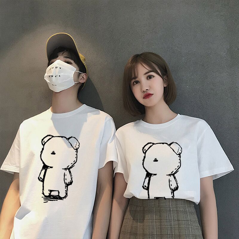 New summer couple's wear men's and women's front shoulder short-sleeved t-shirt loose clothes ins trendy half-sleeved t-shirt