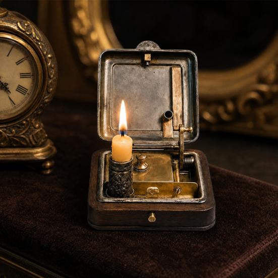 Mechanical Candle Box, 19 Century Vintage Wind-Up Pocket Igniter & Candle Holder, Retro Brass Victorian Flame Igniter Candle Box with Mechanical Riser
