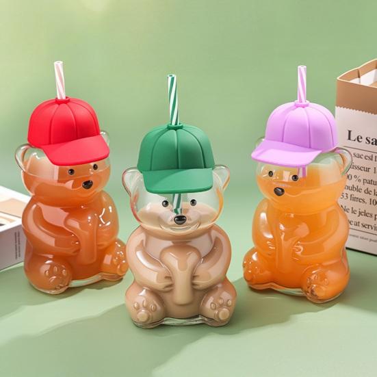 Gobelet d'apprentissage en forme d'ours avec couvercle à paille 600 ml Joli gobelet en verre pour café glacé, thé au lait, jus Lavable au lave-vaisselle Réutilisable Tasse froide pour la maison, le bureau, les voyages
