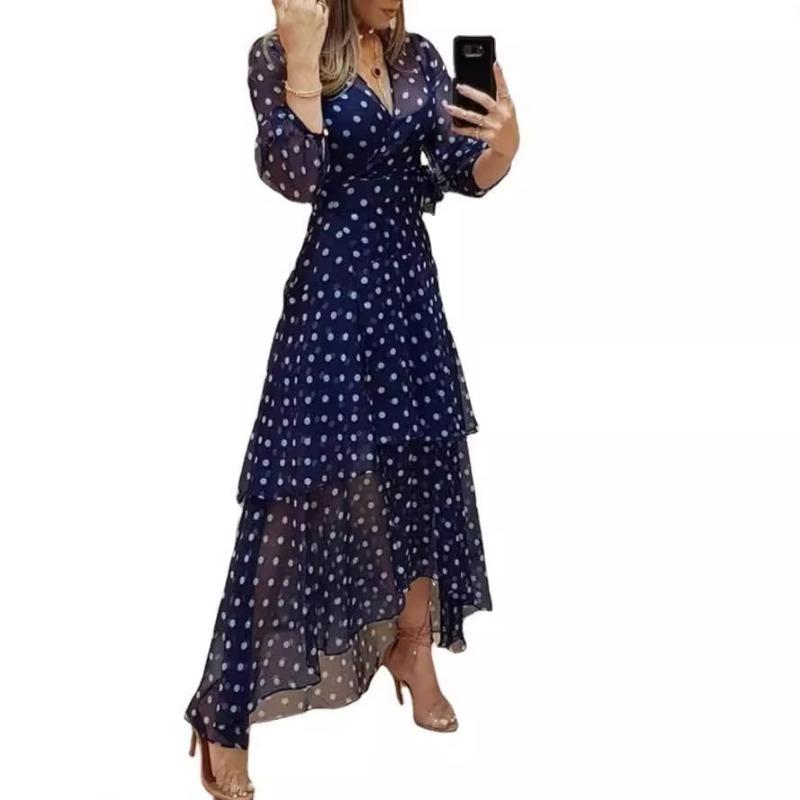 Women's Spring Autumn Polka Dot Irregular Print V-neck Long Dress