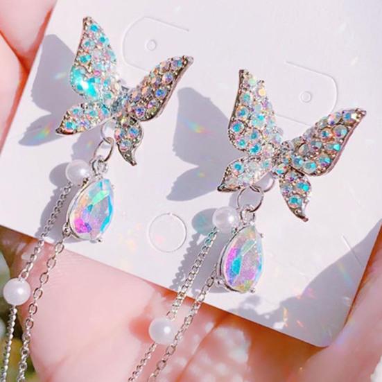1 Pair Shining Rhinestones Chain Tassel Lady Earrings Vivid Butterflies Imitation Pearls