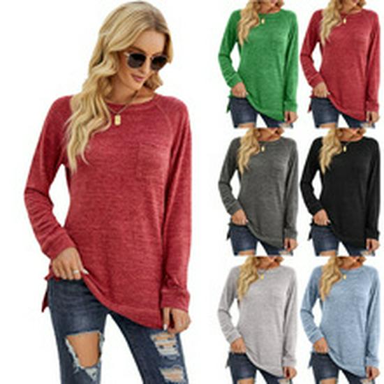 European & American Women's Solid Color Round Neck Pocket Shoulder-Split Short Sleeve T-Shirt