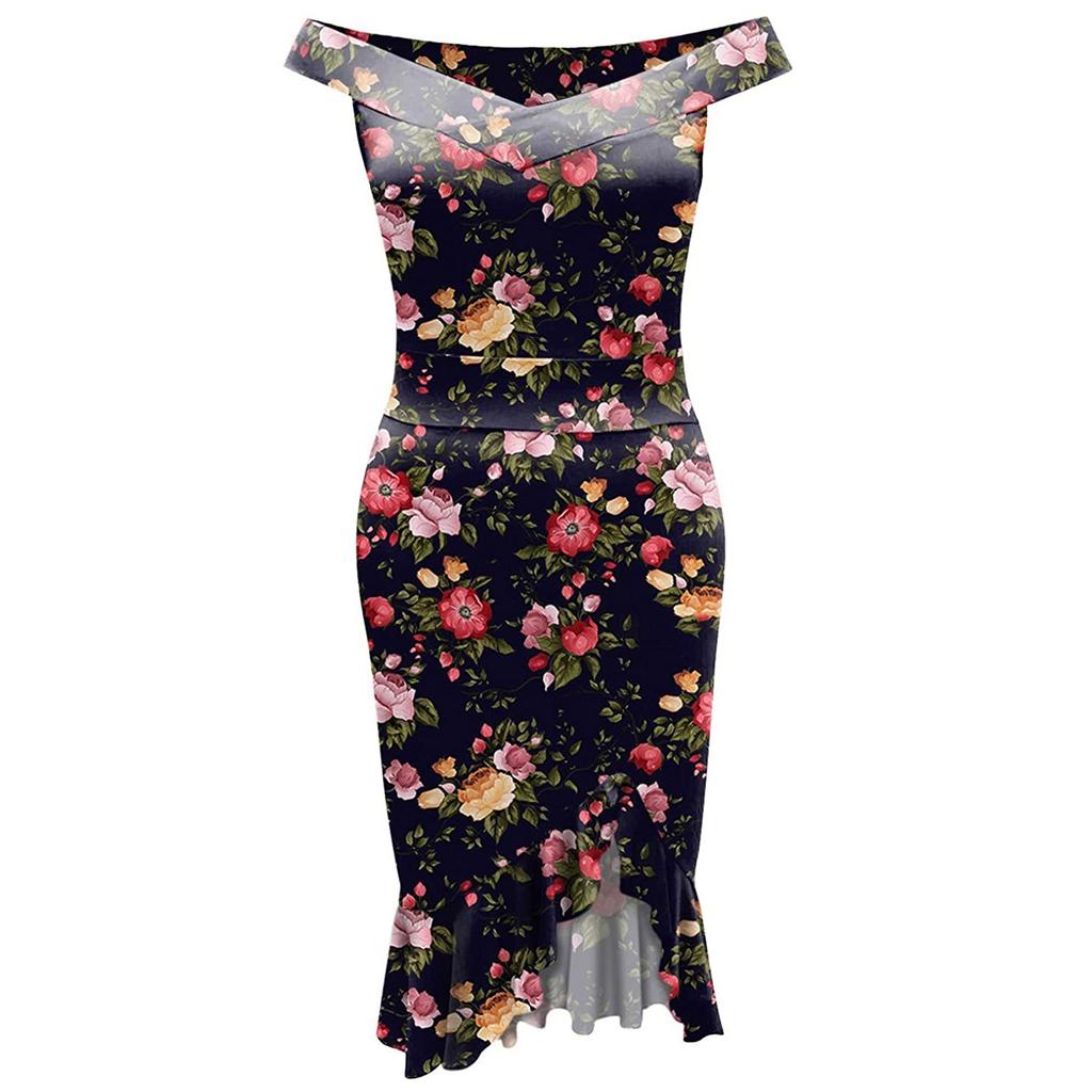 Fashion Women's Loose Sexy Prints One Shoulder Irregular  Ruffle Hip Dress